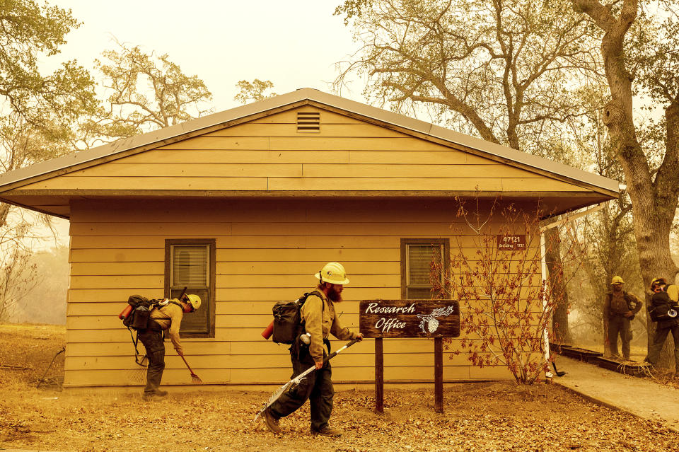 As the KNP Complex Fire approaches, U.S. Forest Service firefighters Heron Hilbach-Barger and Jackie Materne, left, clear vegetation around the Ash Mountain headquarters in Sequoia National Park, Calif., on Wednesday, Sept. 15, 2021. The blaze is burning near the Giant Forest, home to more than 2,000 giant sequoias. (AP Photo/Noah Berger)