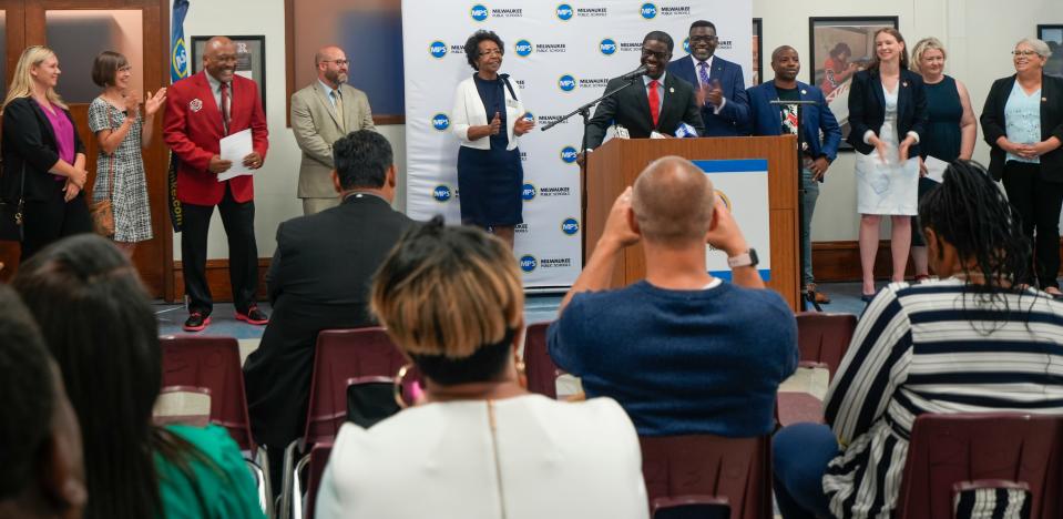 Milwaukee County Executive David Crowley speaks during a press conference following the welcoming of Bay View High School students Monday, Aug. 14, 2023, on the first day of school.