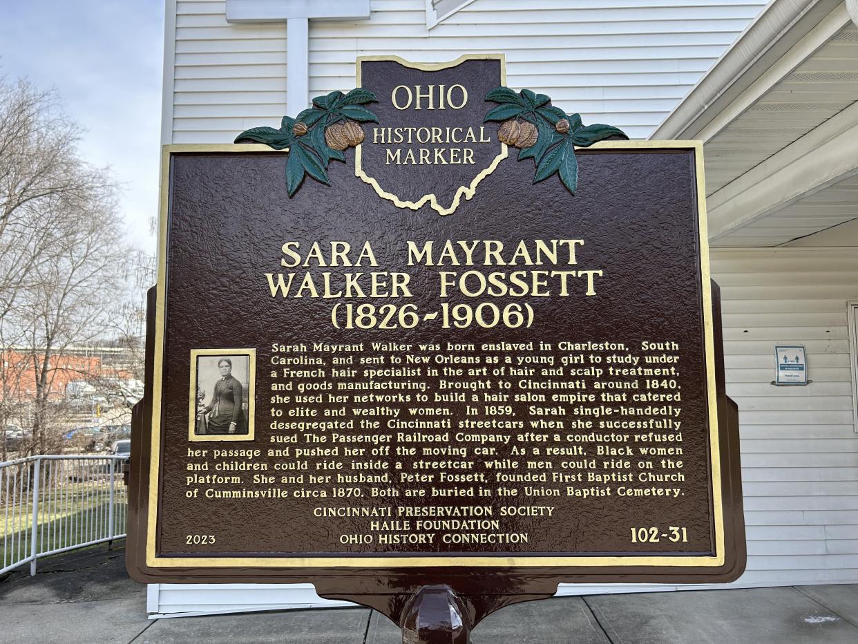 Sarah Fossett's side of her and her husband Peter's Ohio historical marker.