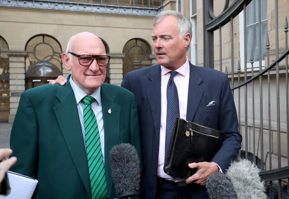 <span>John Leslie leaves Edinburgh Sheriff Court, with his father Lesley Stott (left), after being acquitted of sexually assaulting a woman in an Edinburgh nightclub.</span>(PA)
