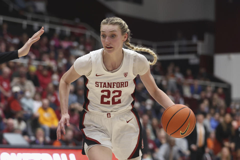 FILE - Stanford forward Cameron Brink (22) drives to the basket in the second half against Oregon State during an NCAA college basketball game Friday, Jan. 27, 2023, in Stanford, Calif. Brink was named to the preseason AP All-America women’s NCAA college basketball team, revealed Tuesday, Oct. 24, 2023.(AP Photo/Lachlan Cunningham, File)