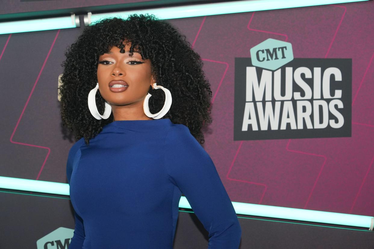 Megan Thee Stallion arrives for the CMT Awards at the Moody Center on Sunday, April 2, 2023, in Austin, Texas. 