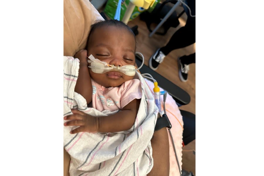 This undated photo shows 6-month-old Nyla Brooke Haywood, a baby girl born Nov. 17, 2023, at Silver Cross Hospital in New Lenox, Illinois. Nyla was born at just 22 weeks weighing 1 pound and 1 ounce, making her what’s known as a “micropreemie.” She left Silver Cross Hospital on Monday weighing a healthy 10 pounds, and was taken home by her first-time parents, NaKeya and Cory Haywood of Joliet, Illinois. (NaKeya Haywood via AP)