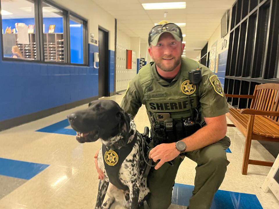 Wilson County Sheriff's Deputy Dusty Burton and K-9 police dog Blaze on Sept. 11, 2023 at Walter J. Baird Middle School in Lebanon, TN.