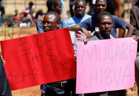 Opposition party supporters hold placards during a court appearance of those arrested following Friday's protest march, in Harare, Zimbabwe, August 29, 2016. REUTERS/Philimon Bulawayo