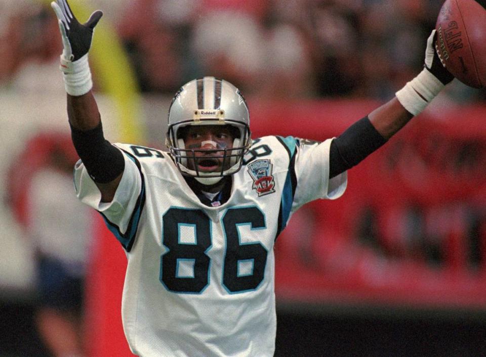 Willie Green (86) celebrates his touchdown with 26 seconds left in the Carolina Panthers’ first-ever game, in 1995 at Atlanta. The TD narrowed Atlanta’s lead to 20-19. The Panthers were then about to go for two points, trying for the win, but a false start on an offensive lineman short-circuited that idea. Atlanta eventually won in overtime, 23-20.