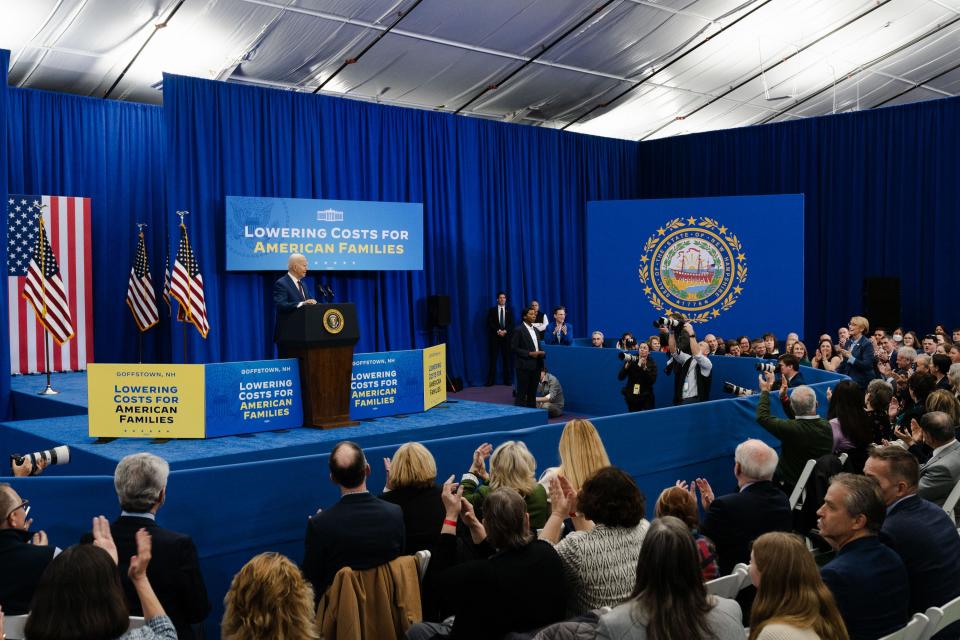 Goffstown, New Hampshire | 
President Joe Biden speaks during an event about lowering costs for American families at the Granite State YMCA Allard Center of Goffstown on March 11, 2024 in New Hampshire. Days after Biden delivered his last State of the Union address before the November general election, the President held the event to highlight his administration's achievements and vision going into the next eight months of his campaign.