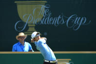MELBOURNE, AUSTRALIA - NOVEMBER 17: Ryo Ishikawa of the International Team hits his tee shot on the first hole during the Day One Foursome Matches of the 2011 Presidents Cup at Royal Melbourne Golf Course on November 17, 2011 in Melbourne, Australia. (Photo by Quinn Rooney/Getty Images)