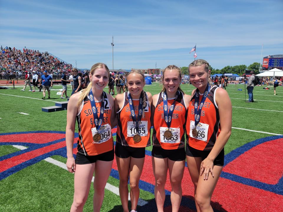 The Somerset 4x100 relay team of, from left, Sydney Rush, Josie Smith, Kamryn Ross and Abby Urban won bronze at the PIAA Class 2A Track and Field Championships, May 27, at Shippensburg University.