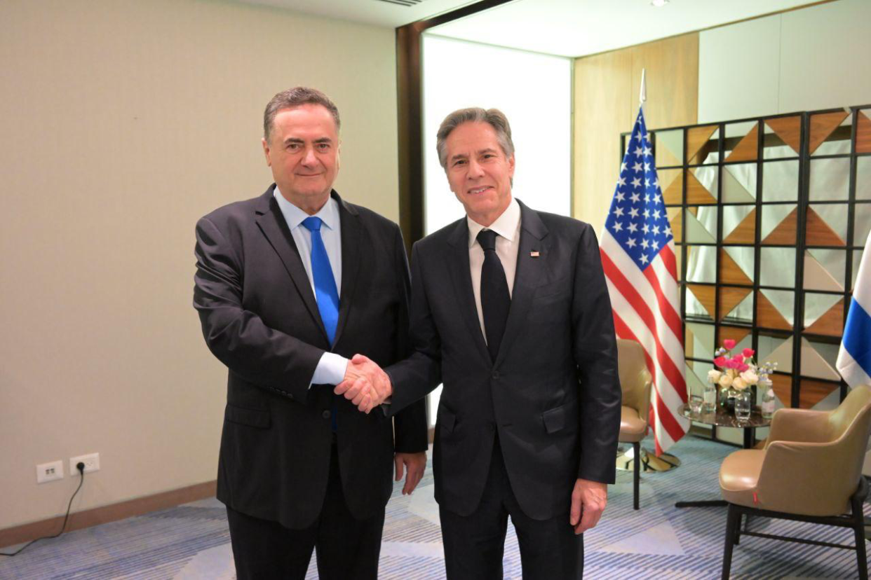 Israel’s Foreign Minister, Israel Katz, greets U.S. Secretary of State Anthony Blinken.