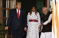 NEW DELHI, INDIA - FEBRUARY 25: Prime Minister Narendra Modi with US President Donald Trump and First Lady Melania Trump at Hyderabad House on February 25, 2020 in New Delhi, India. (Photo by Mohd Zakir/Hindustan Times via Getty Images)