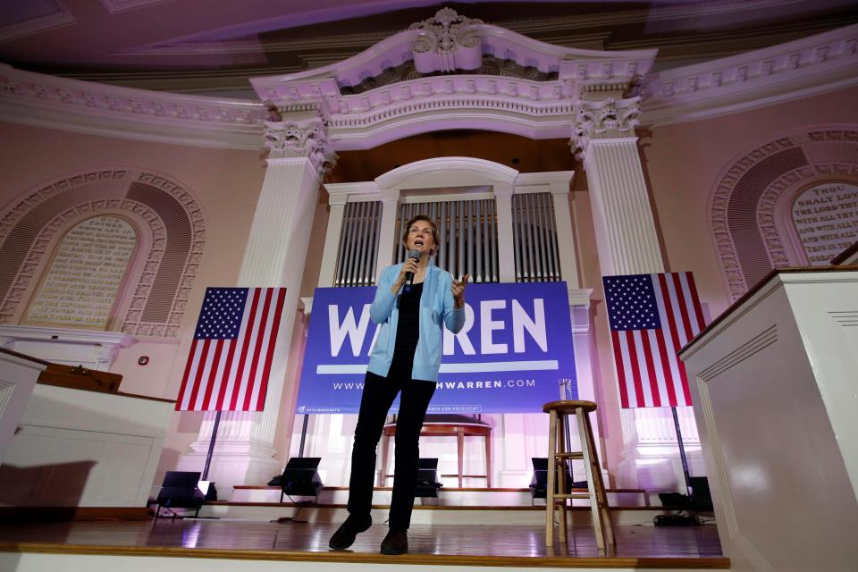 Democratic presidential candidate Sen. Elizabeth, D-Mass., speaks at a town hall campaign event, Monday, Feb. 10, 2020, in Portsmouth, N.H. (AP Photo/Robert F. Bukaty)