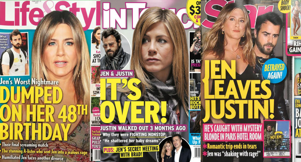 Some of the “lonely Jen” covers. (Photos: <em>Life & Style, In Touch, Star</em>)