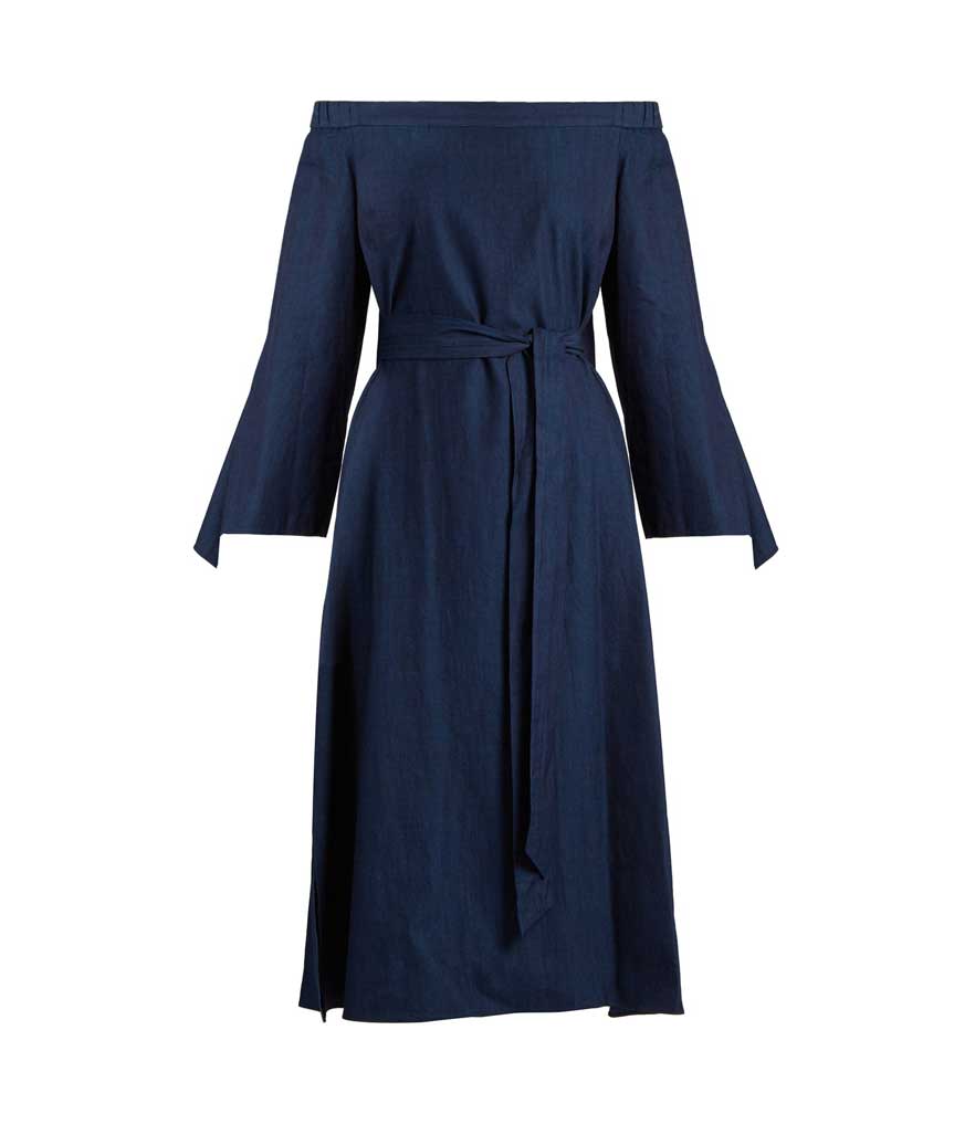 Dark denim off-the-shoulder dress. (Photo: Tibi/Matches Fashion)