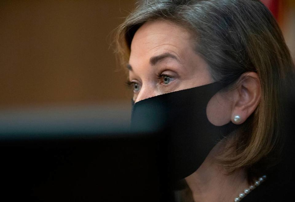 Judge Anne-Christine Massullo speaks during a resentencing hearing for Scott Peterson at the San Mateo County Superior Court in Redwood City, Calif., Dec. 8, 2021. Peterson appeared in San Mateo Superior Court for the first time since he was sentenced to death there more than 17 years ago for the murders of his wife Laci and their unborn son Conner. (POOL-Andy Alfaro,The Modesto Bee)