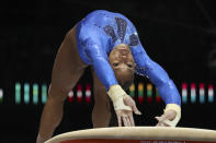 United States' Shilese Jones competes on the vault during the women's all-round final at the Artistic Gymnastics World Championships in Antwerp, Belgium, Friday, Oct. 6, 2023. (AP Photo/Geert vanden Wijngaert)