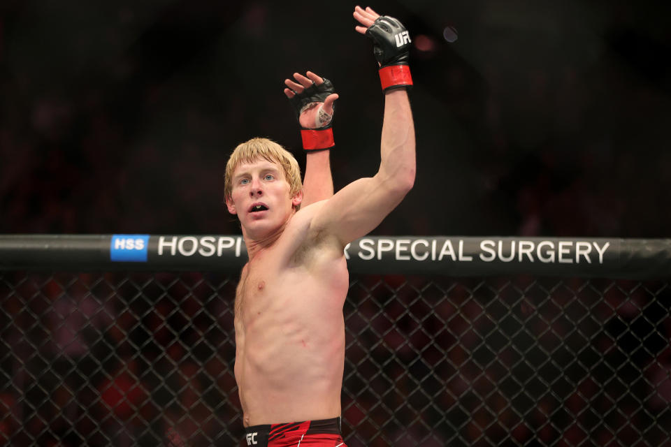 LAS VEGAS, NEVADA - DECEMBER 10: Paddy Pimblett of England reacts between rounds against Jared Gordon in a lightweight fight during the UFC 282 event at T-Mobile Arena on December 10, 2022 in Las Vegas, Nevada. (Photo by Carmen Mandato/Zuffa LLC)