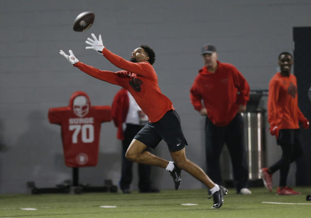 Ohio State WR Chris Olave performed well at his pro day. (AP Photo/Paul Vernon)