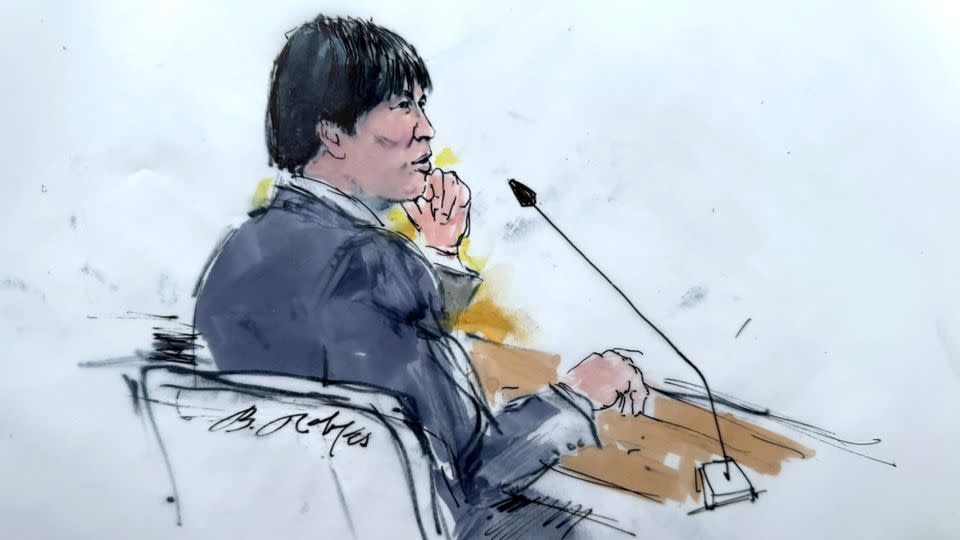In this courtroom sketch, Ippei Mizuhara appears in federal court in Los Angeles, on Friday, April 12, 2024. - Bill Robles/AP