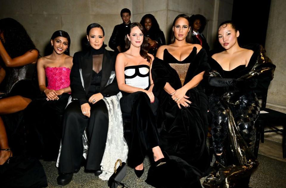 london, england february 15 l to r charithra chandran, golda rosheuvel, kaya scodelario, zawe ashton and tsunaina attend the harris reed aw24 show on february 15, 2024 in london, england photo by dave benettgetty images for harris reed