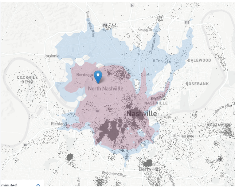 A software-generated map shows the estimated number of jobs (black dots) reachable within a 45-minute ride from the North Nashville Transit Center (marked with a blue pin). Compare Spring 2024 service changes (blue) with previous service in Fall 2024 (red).