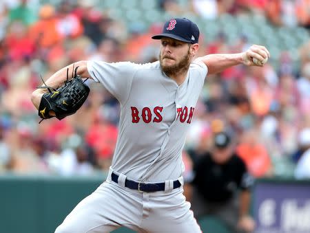 Aug 12, 2018; Baltimore, MD, USA; Boston Red Sox pitcher Chris Sale (41) throws a pitch in the first inning against the Baltimore Orioles at Oriole Park at Camden Yards. Mandatory Credit: Evan Habeeb-USA TODAY Sports