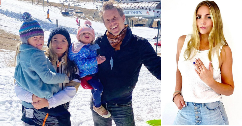 Stephanie McIntosh with partner Peter Hieatt and daughters Milla and Goldie Grace standing on a ski slope in warm clothing; and at right in jeans and white singlet with long blonde hair worn loose