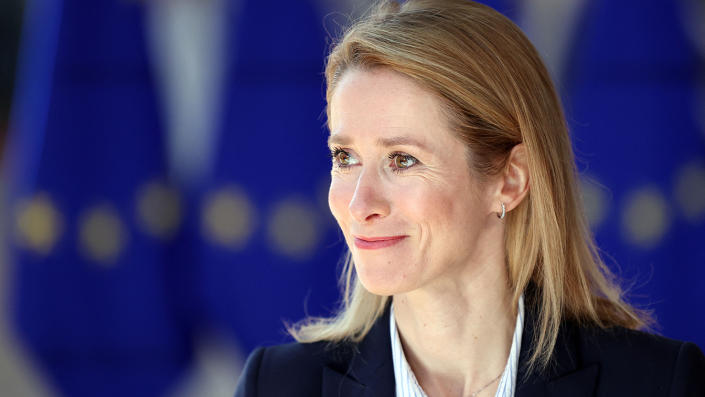 Estonia's Prime Minister Kaja Kallas answers journalists' questions as she arrives ahead of EU leaders' extraordinary meeting in Brussels to discuss Ukraine, defense and energy in May. (Kenzo Tribouillard/AFP via Getty Images)