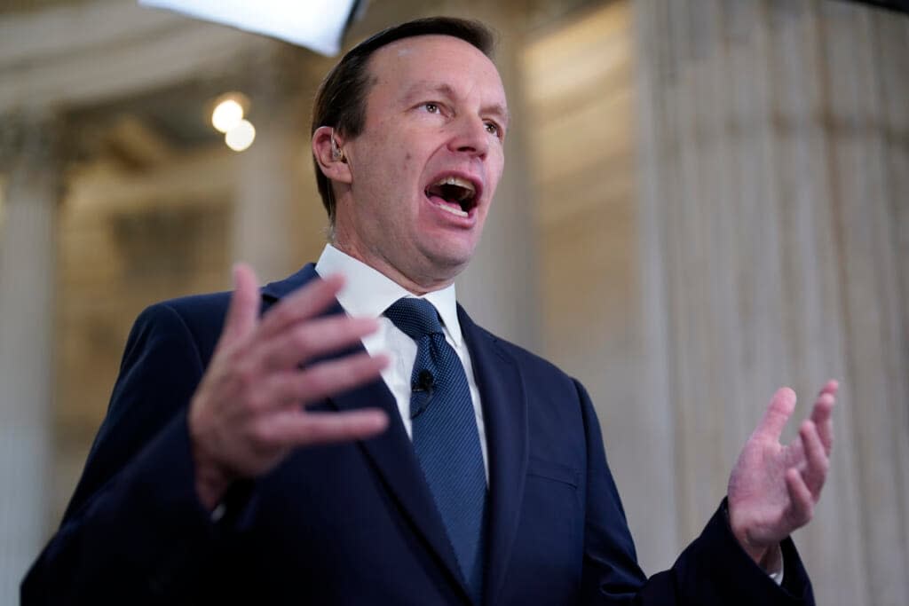 Sen. Chris Murphy, D-Ct., speaks during a morning television interview, Wednesday, May 25, 2022 on Capitol Hill in Washington. (AP Photo/J. Scott Applewhite)