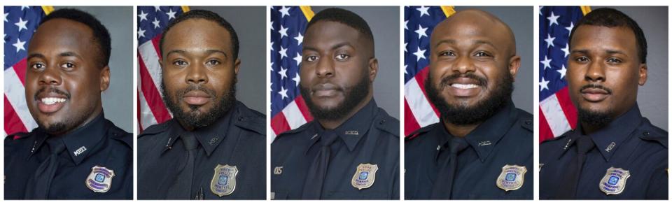 A long horizontal image composed of five official police portraits of officers.