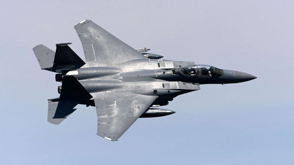 PHOTO: In this July 20, 2022, file photo, an F-15 jet of the US Air Force flies during an annual artillery exercise near Eschenbach, southern Germany. (Christof Stache/AFP via Getty Images, FILE)