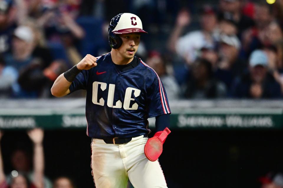 May 31, 2024; Cleveland, Ohio, USA; Cleveland Guardians left fielder Steven Kwan (38) celebrates after scoring during the seventh inning against the Washington Nationals at Progressive Field. Mandatory Credit: Ken Blaze-USA TODAY Sports