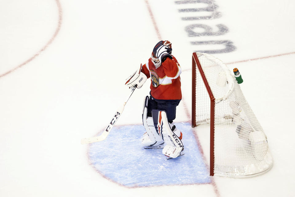 Florida Panthers goaltender Sergei Bobrovsky (72) reacts after a the New York Islanders scored a fifth goal in the third period NHL Stanley Cup Playoff qualifying round hockey game in Toronto, Friday, Aug. 7, 2020. (Chris Young/The Canadian Press via AP)
