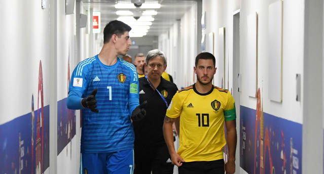 Chelsea’s Thibaut Courtois, left, and Eden Hazard have been vital cogs in Belgium reaching the World Cup semifinals. (Getty)