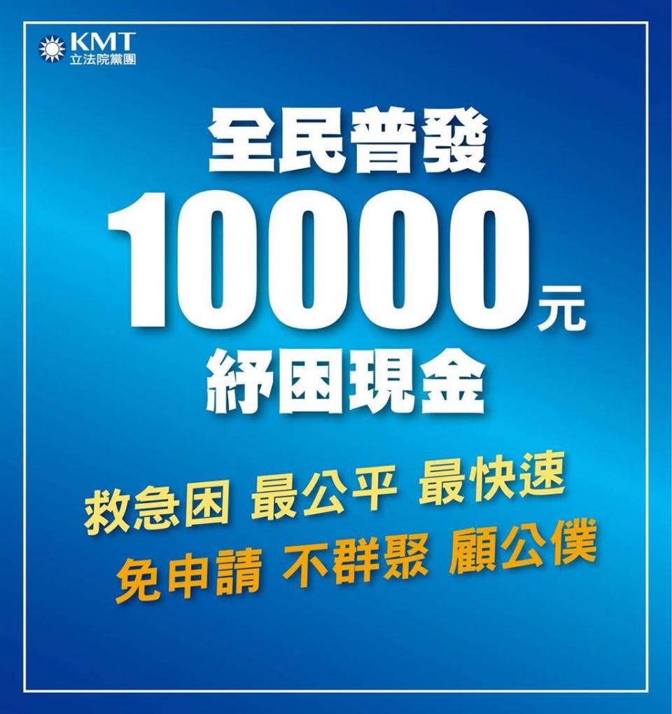 國民黨將在立院提案全民普發1萬元紓困案。（圖片摘自國民黨立院黨團臉書）