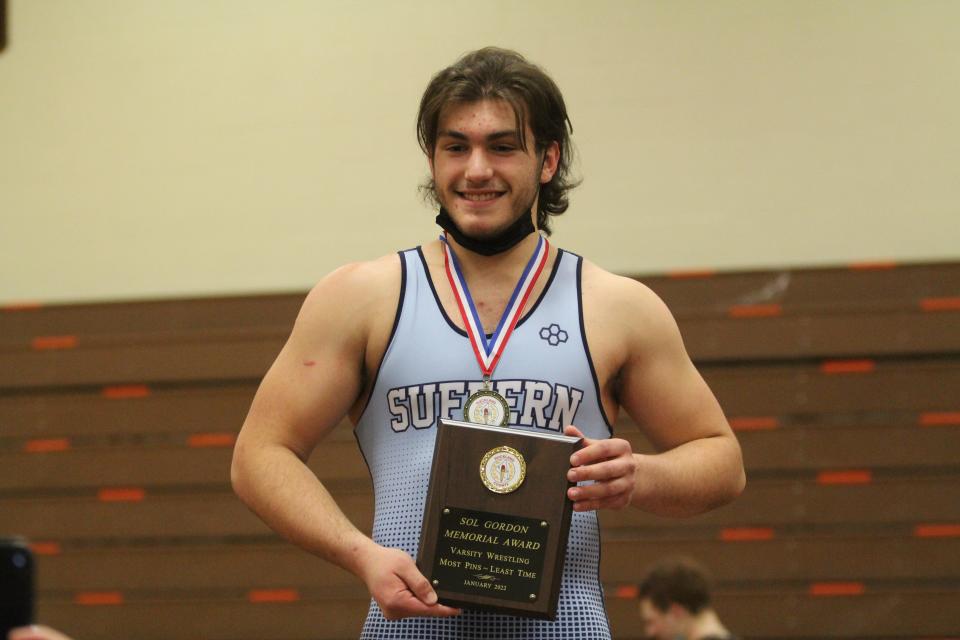 Suffern 285-pounder Nick Romagnoli was awarded the Sol Gordon Memorial Award for getting the most pins in the least amount of time. He defeated Clarkstown North's Justin Smoot in the 285-pound Rockland County finals on Jan. 22, 2022.