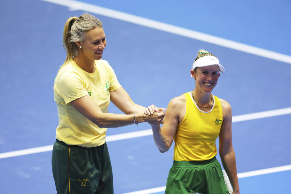 SEVILLE, SPAIN - NOVEMBER 09: Storm Hunter of Team Australia celebrates after winning the Billie Jean King Cup Finals group stage match between Australia and Kazakhstan at Estadio de La Cartuja on November 09, 2023 in Seville, Spain. (Photo by Fran Santiago/Getty Images for ITF)