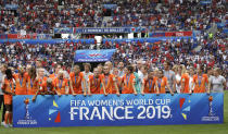 Team of Netherlands with silver medals after the Women's World Cup final soccer match between US and The Netherlands at the Stade de Lyon in Decines, outside Lyon, France, Sunday, July 7, 2019. (AP Photo/Alessandra Tarantino)