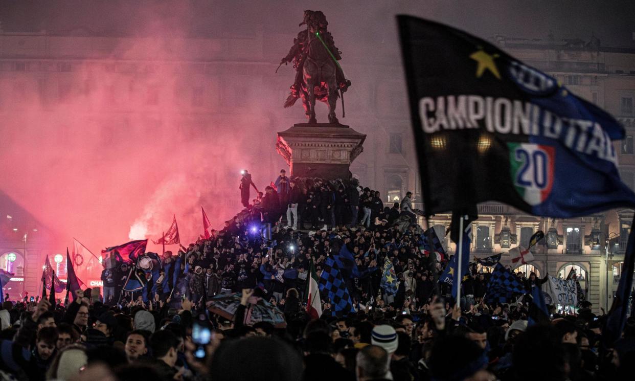 <span>Celebrations by Inter fans in Milan’s Piazza Duomo after their title win on Monday night.</span><span>Photograph: Marco Ottico/LaPresse/Shutterstock</span>