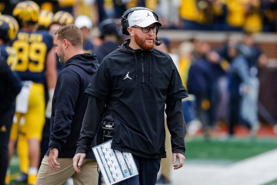 Michigan special teams coordinator Jay Harbaugh watches a play against Maryland during the first half at Michigan Stadium in Ann Arbor on Saturday, Sept. 24, 2022.