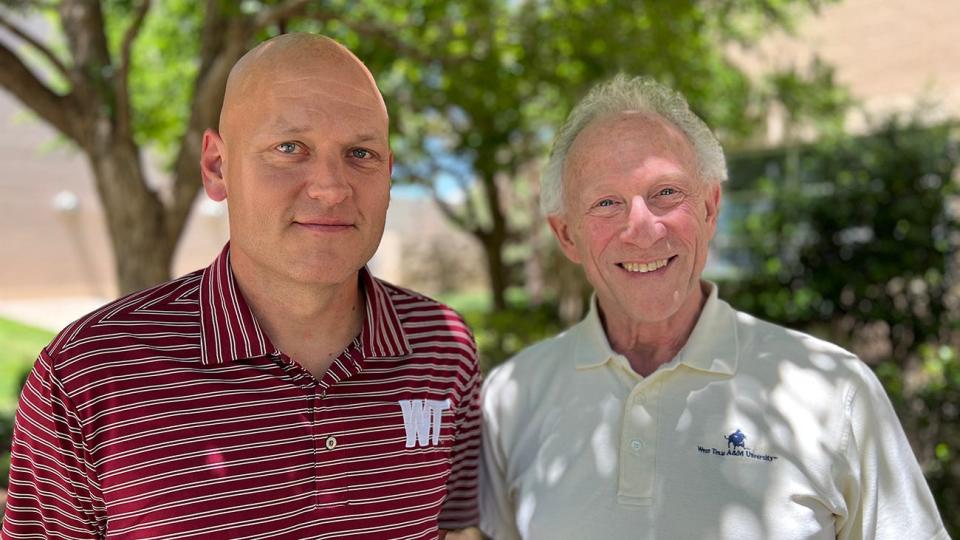 West Texas A&M University's School of Music Director, Dr. Robert Hansen, right, is retiring after 37 years of service. He's passing the position over to B. J. Brooks, left, who is a Professor of Music at WT.