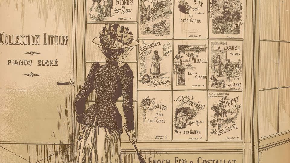 This illustration, dated from circa 1880 - 1895, shows a woman standing in front of the window of Enoch Frères & Costallat publishers in Paris, with in the foreground, a poodle. - Sepia Times/Universal Images Group/Getty Images
