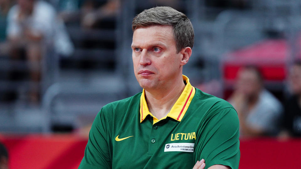 Head coach Dainius Adomaitis of Lithuania looks on during FIBA World Cup 2019 Group H match between Lithuania and Australia at Dongguan Basketball Center on September 5, 2019 in Dongguan, Guangdong Province of China. (Photo by VCG/VCG via Getty Images)