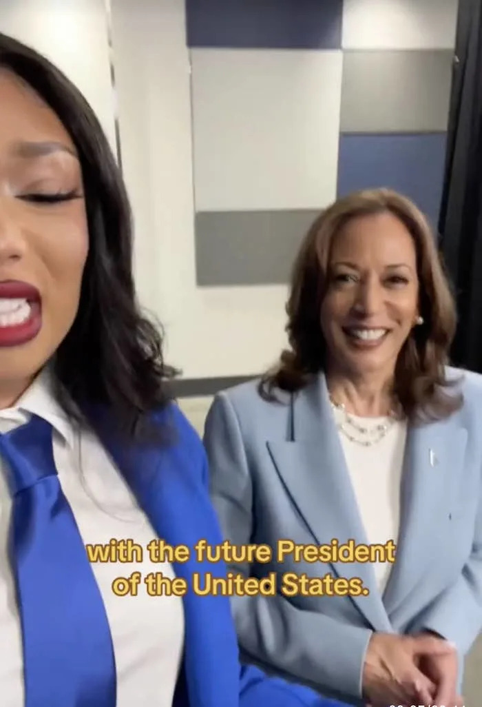 Megan Thee Stallion and Kamala Harris standing together, both smiling. Megan is speaking; subtitles read: "with the future President of the United States."