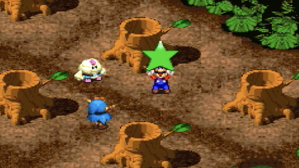 Mario wields a star in the woods, beside his new friends Mallow and Geno.