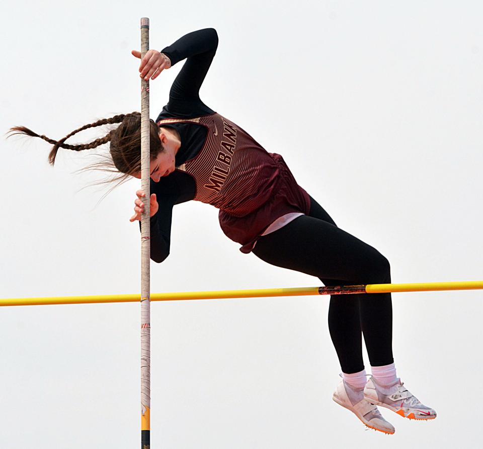 Milbank High School's track and field teams continued their winning streaks with the help of athletes like Maggie Kruger, who won the girls' pole vault during the Region 1A meet on Thursday, May 18, 2023 at Groton. Milbank won the boys division for the seventh-straight year and the girls division for the fourth-straight year.