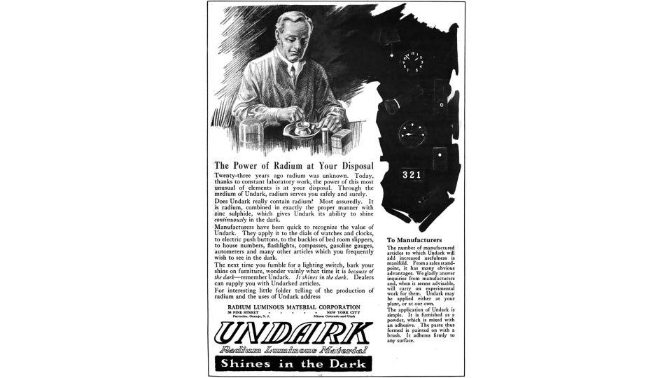 A 1921 advertisement for Undark, a luminous radium paint. - Public Domain