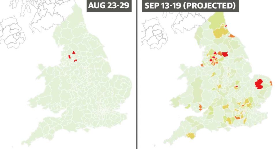 Map showing the percentage chance areas in England and Wales will become coronavirus hotspots in the week September 13 to 19, compared to mid August.