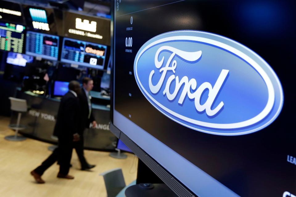 The logo for the Ford Motor Company appears above a post on the floor of the New York Stock Exchange on May 16, 2017.