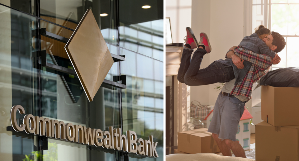 Commonwealth Bank sign next to couple moving into new home